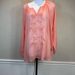 Amanda blu Sheer Floral Embroidered Coral Tunic Women's Top